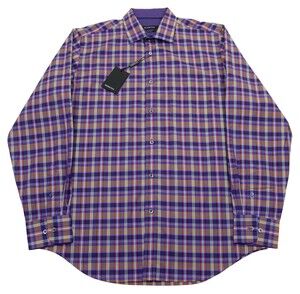 Bugatchi Shirt Mens Medium Purple Plaid Long Sleeve Classic Fit Cotton Button Up